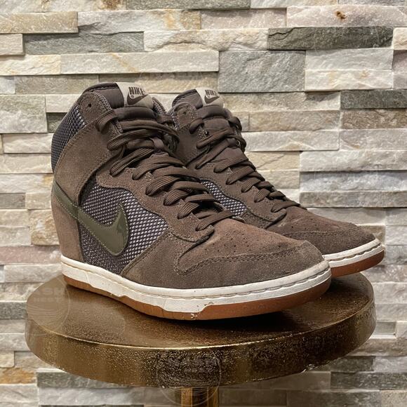 Nike Dunk Sky Hi Wedge 10 | Olive Brown Suede Mesh Sneaker 579763-300 - Picture 7 of 9
